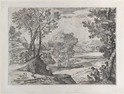 The Landscape With the Family by Giovanni Francesco Grimaldi, print, 1643