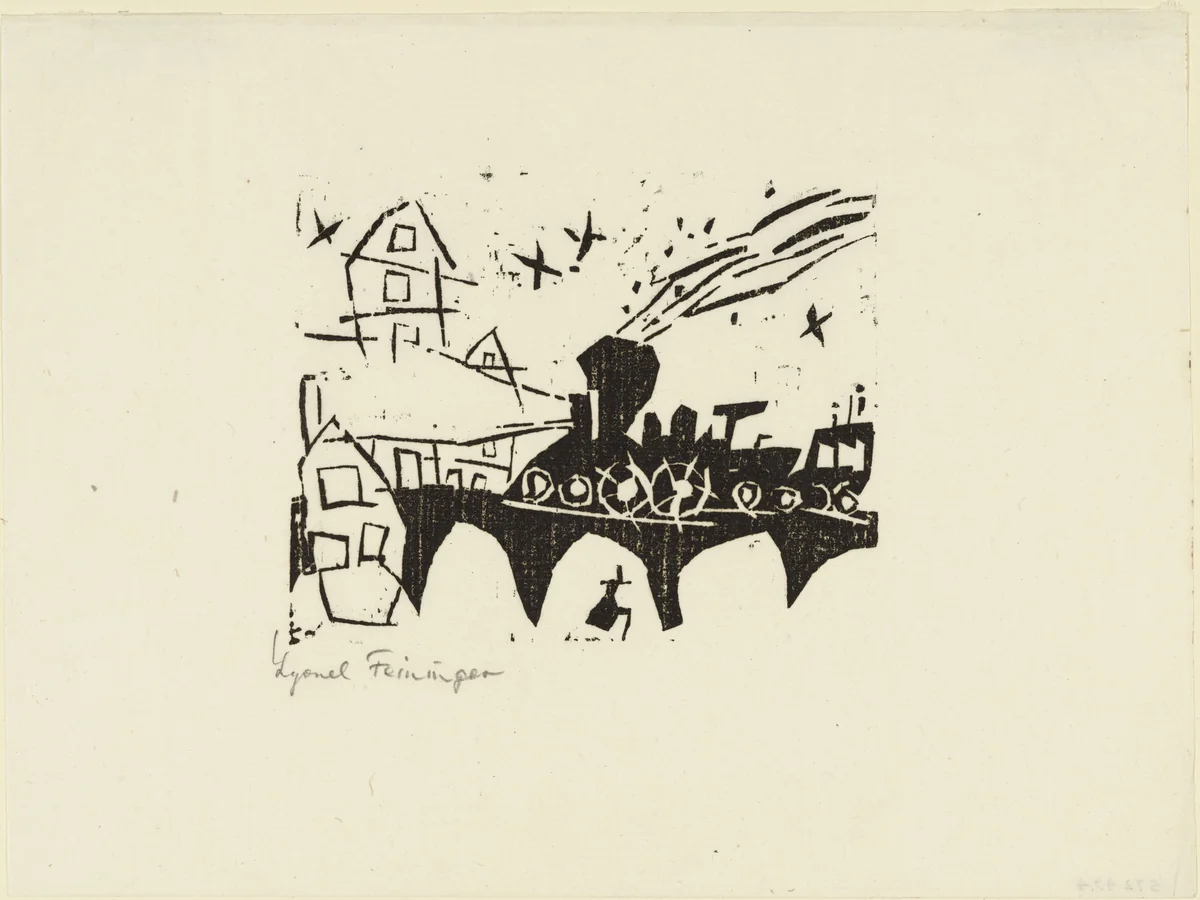 Locomotive on the Bridge (Zug auf der Brücke) from Ten Woodcuts by Lyonel Feininger by Lyonel Feininger, print, 1918