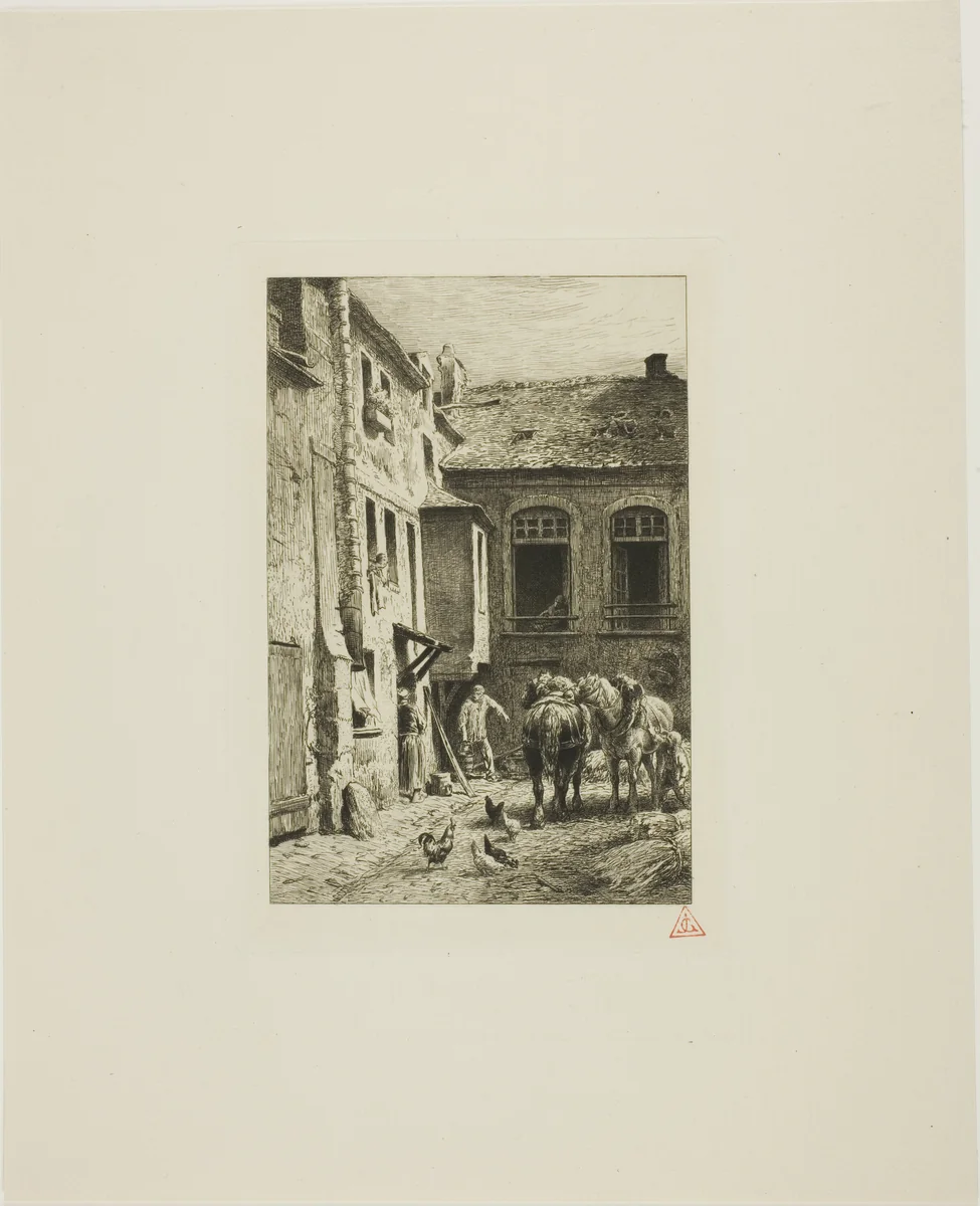 Parisian Courtyard by Charles-Émile Jacque, print, 1865