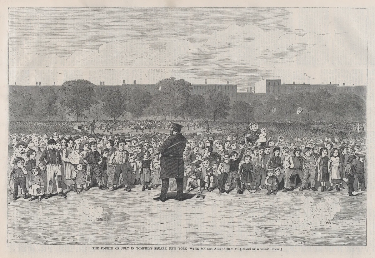 The Fourth of July in Tompkins Square, New York – "The Sogers Are Coming" (from "Harper's Bazar: A Repository of Fashion, Pleasure and Instruction," Vol. I) by Winslow Homer, print, 1868
