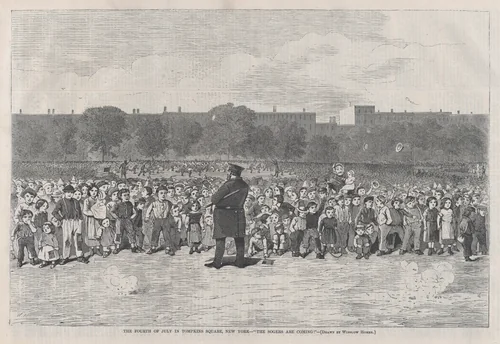 The Fourth of July in Tompkins Square, New York – "The Sogers Are Coming" (from "Harper's Bazar: A Repository of Fashion, Pleasure and Instruction," Vol. I) by Winslow Homer, print, 1868