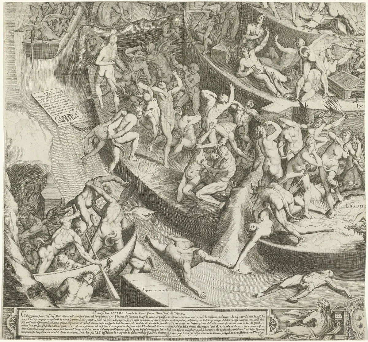 Hel en vagevuur (deel linksonder) by Jacques Callot, print, 1612