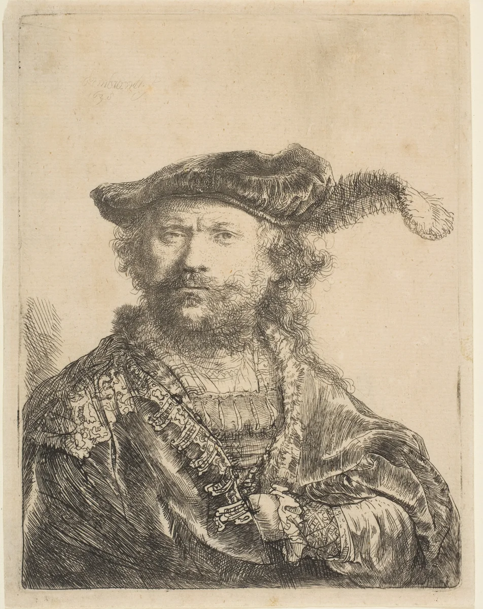 Self-Portrait in a Velvet Cap with Plume by Rembrandt van Rijn, print, 1638