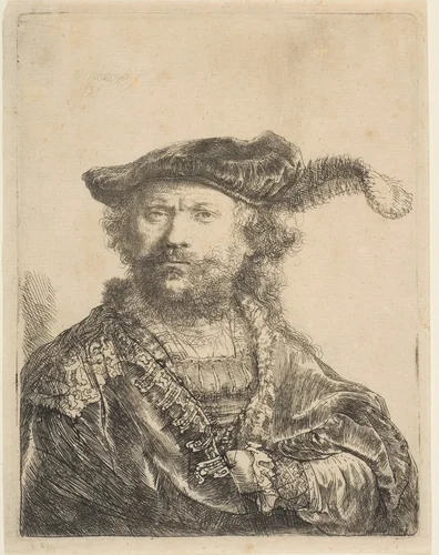 Self-Portrait in a Velvet Cap with Plume by Rembrandt van Rijn, print, 1638