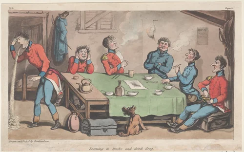 Learning to Smoke and Drink Grog by Thomas Rowlandson, print, 1815