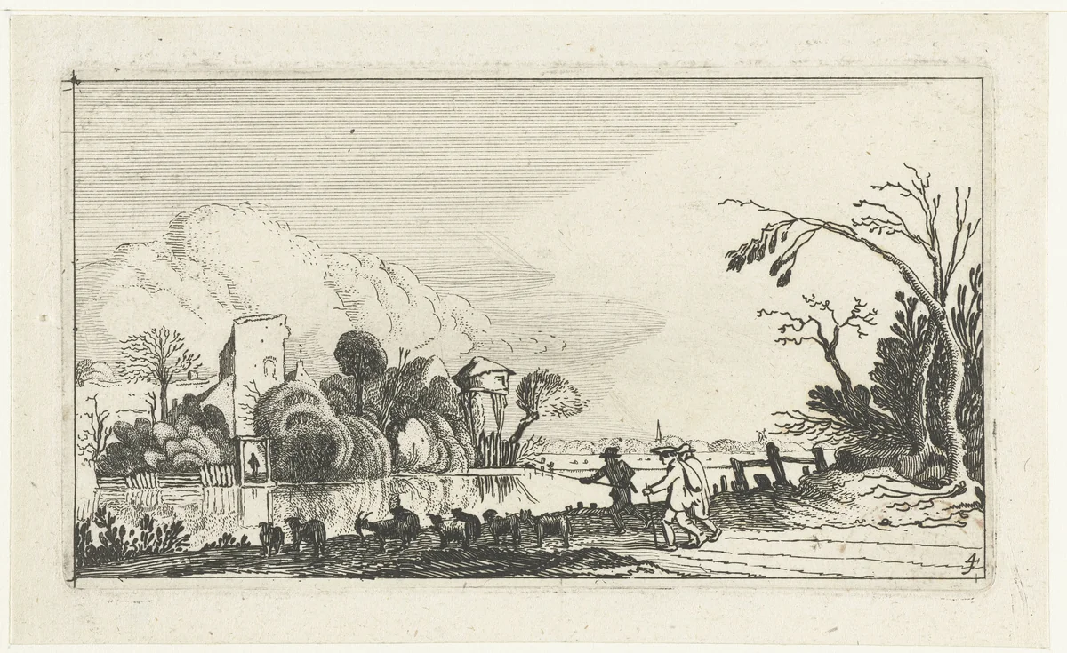 Herder met geiten en schapen bij een rivier by anonymous, print, 1610-1650