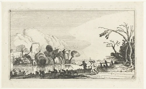 Herder met geiten en schapen bij een rivier by anonymous, print, 1610-1650