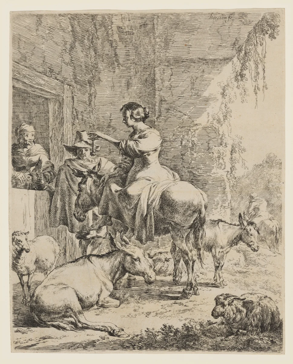 The Rest at the Inn by Nicolaes Berchem, print, 1647-1660