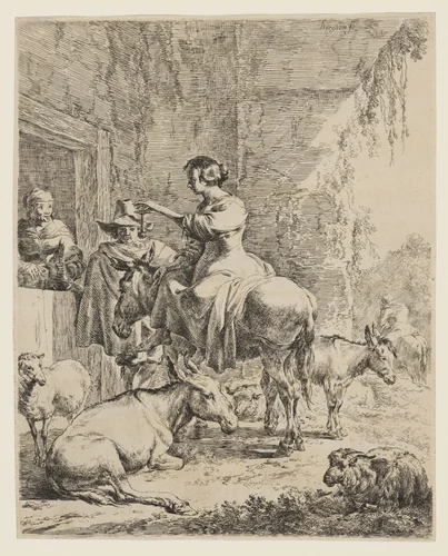 The Rest at the Inn by Nicolaes Berchem, print, 1647-1660