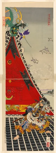 The Two Brave Men Inuzuka Shino and Inugai Genpachi Battling on the Roof of Horyukaku (Horyukaku ryoyu tsutomu) by Tsukioka Yoshitoshi, print, 1887