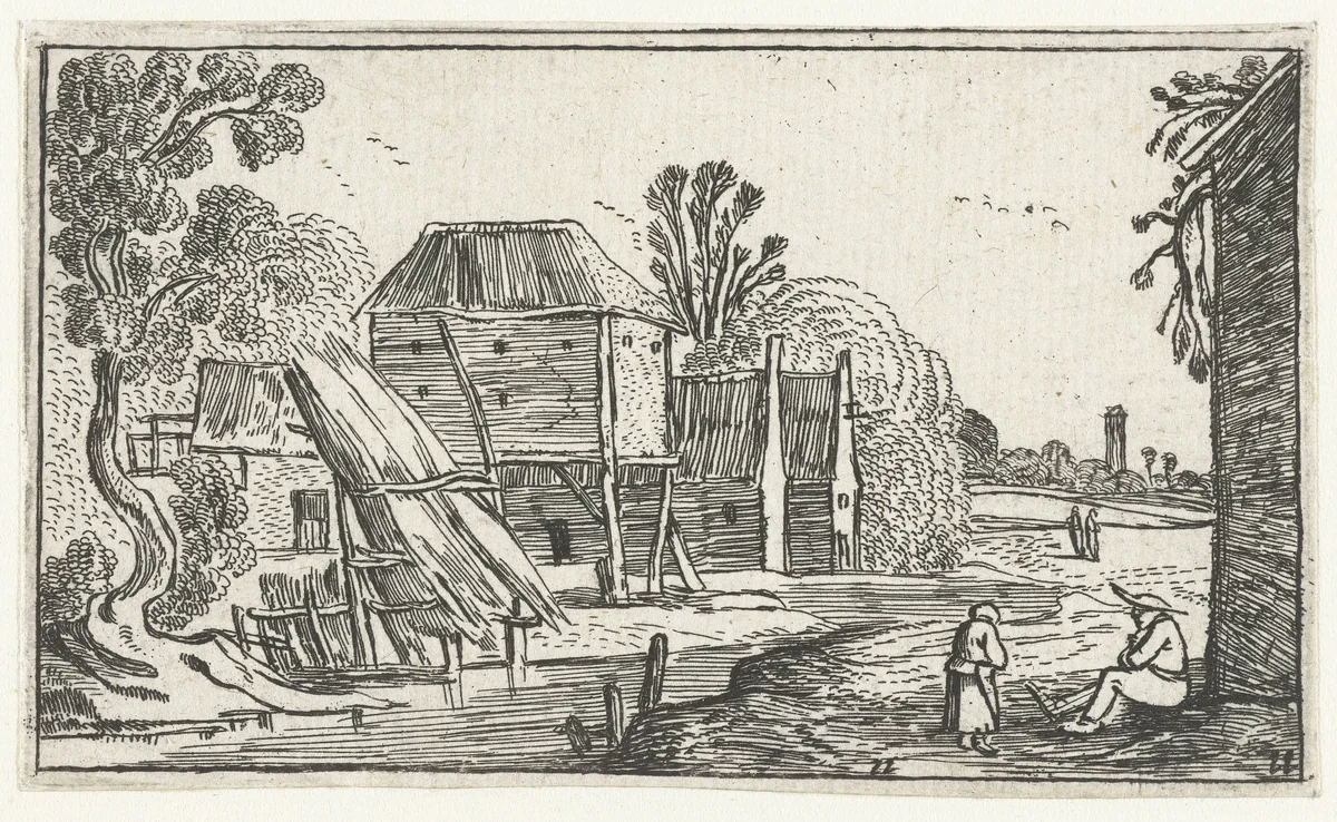 Boerderij en schuur op palen aan een water by anonymous, print, 1610-1617