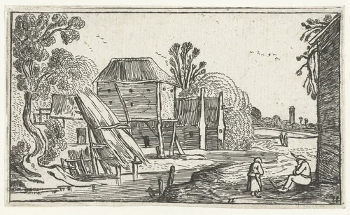 Boerderij en schuur op palen aan een water by anonymous, print, 1610-1617