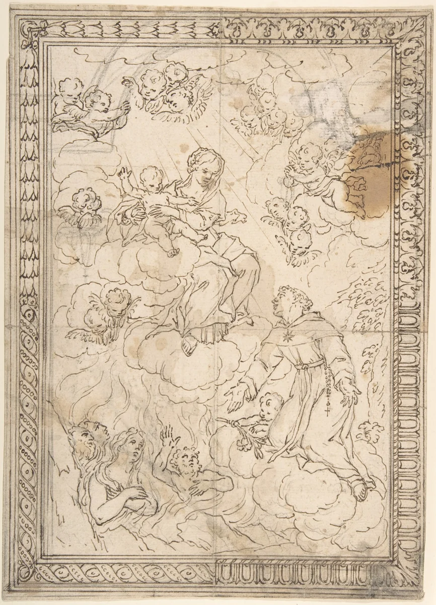Kneeling Saint and Lost Souls before the Madonna and Child, with Four Alternate Border Designs by anonymous, drawing, 1600-1699