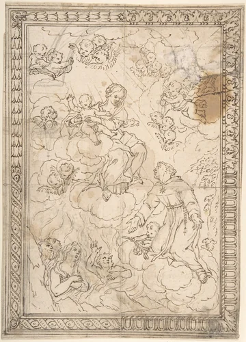 Kneeling Saint and Lost Souls before the Madonna and Child, with Four Alternate Border Designs by anonymous, drawing, 1600-1699