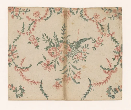 Blad met bloemboeket met mandje met vruchten omgeven door ranken met bloemen by anonymous, other, 1700-1850