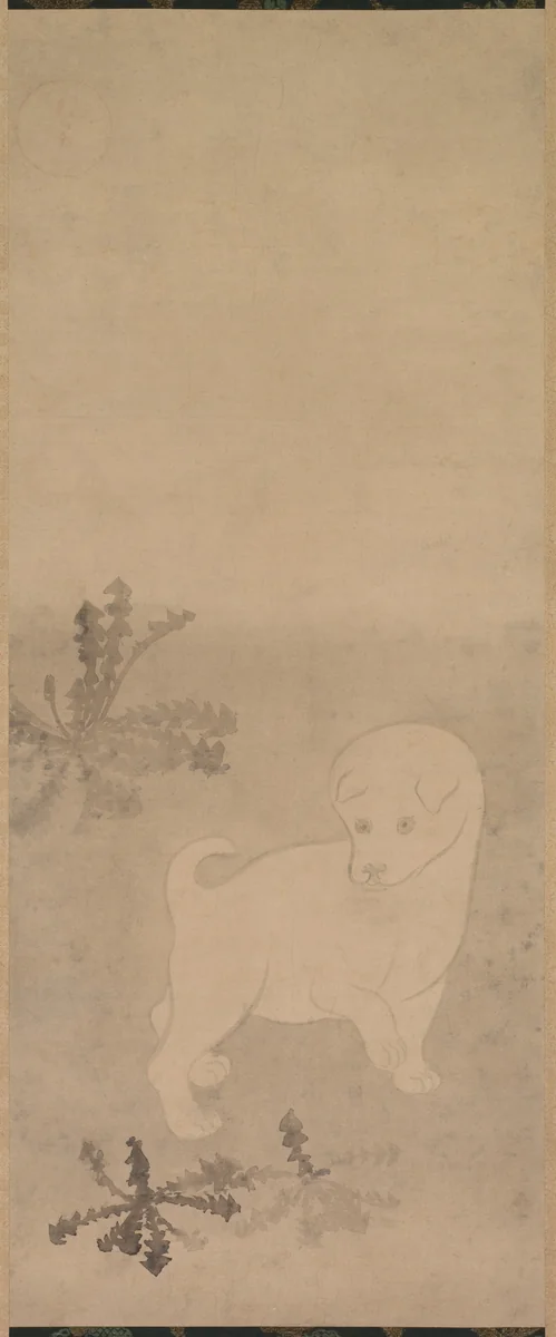 Puppy with Dandelions by Tawaraya Sōtatsu (俵屋宗達), painting, 1600-1640