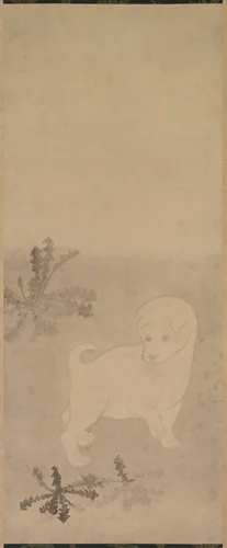 Puppy with Dandelions by Tawaraya Sōtatsu (俵屋宗達), painting, 1600-1640
