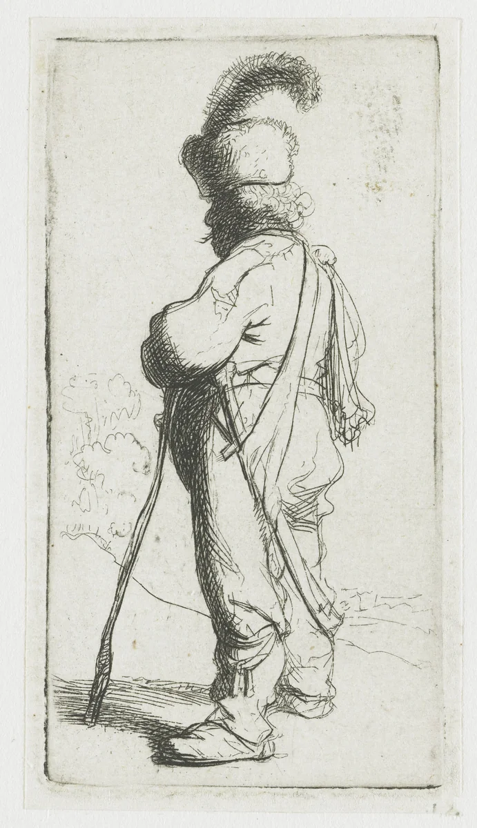 Polander leaning on a stick by Rembrandt van Rijn, print, 1631