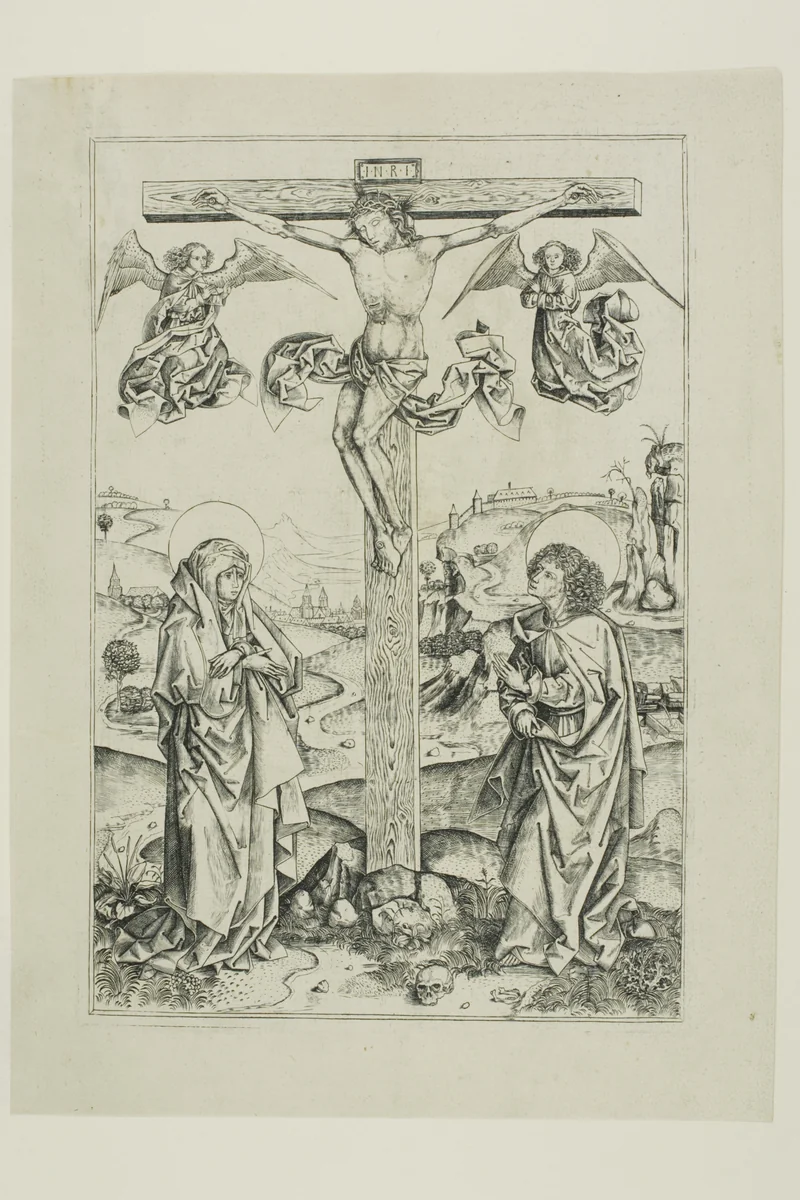 Christ on the Cross With Two Angels by Master A.G., print, 1480-1490
