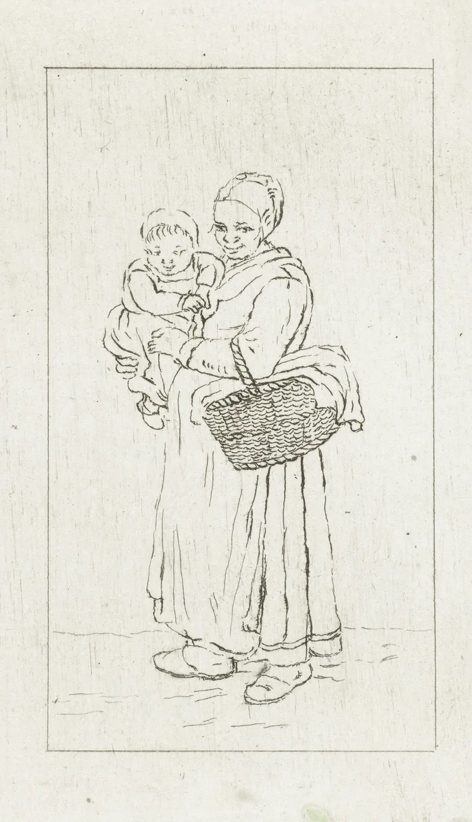 Staande vrouw met kind op de arm by Pieter de Mare, print, 1779