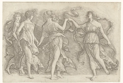 Vier dansende vrouwen by Unknown, print, 1497-1550