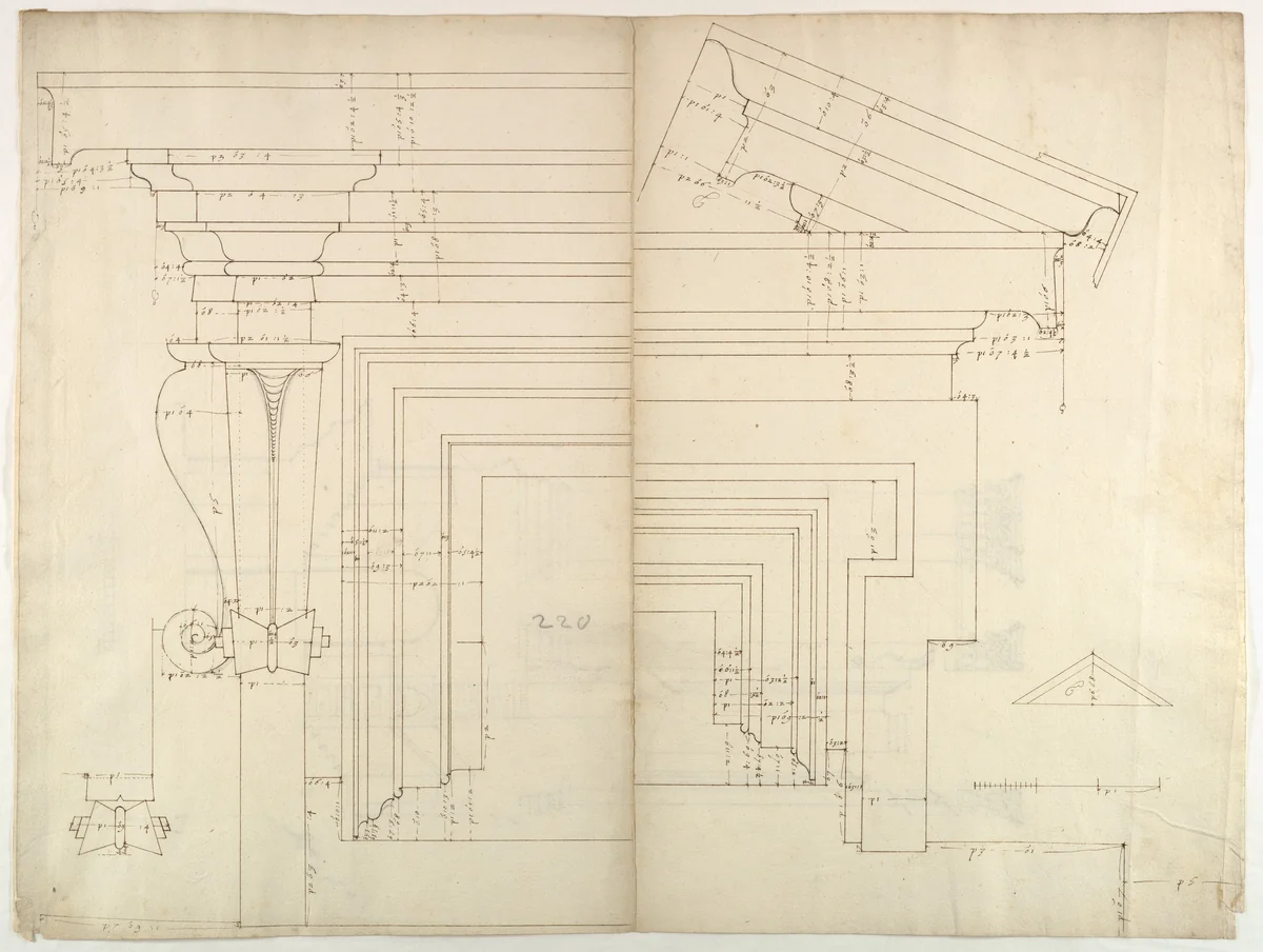 St. Peter's, drum, exterior bay, elevation with details (recto) St. Peter's, drum, section (verso) by anonymous, drawing, 1500-1560
