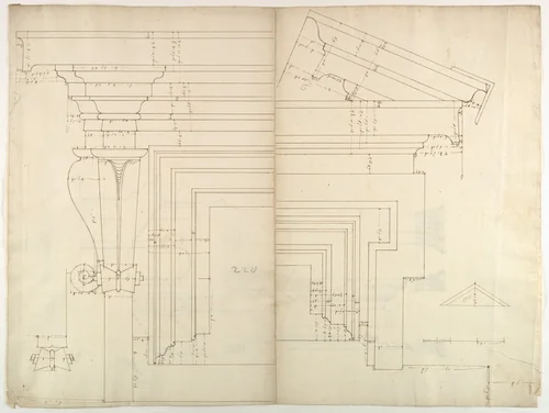 St. Peter's, drum, exterior bay, elevation with details (recto) St. Peter's, drum, section (verso) by anonymous, drawing, 1500-1560