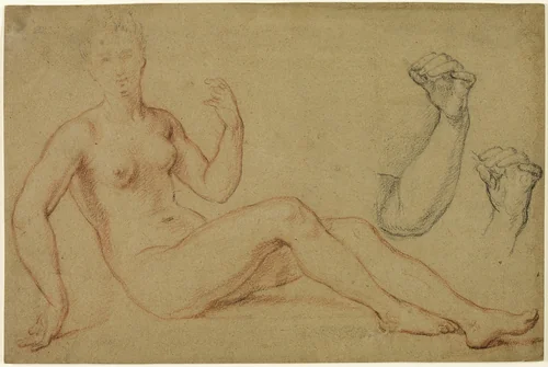 Seated Female Nude with Sketch of Hand and Sketch of Forearm by Louis de Boullogne, drawing, 1629-1674