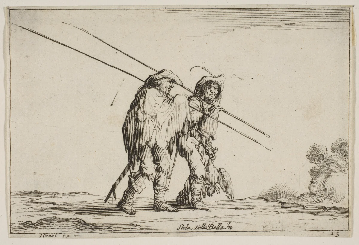 Two pikemen walking towards the right, each with their pikes in their right hands, plate 13 from "Various Figures" (Agréable diversité de figures) by Stefano della Bella, print, 1642