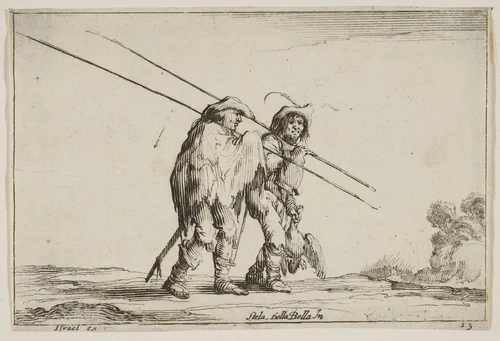 Two pikemen walking towards the right, each with their pikes in their right hands, plate 13 from "Various Figures" (Agréable diversité de figures) by Stefano della Bella, print, 1642