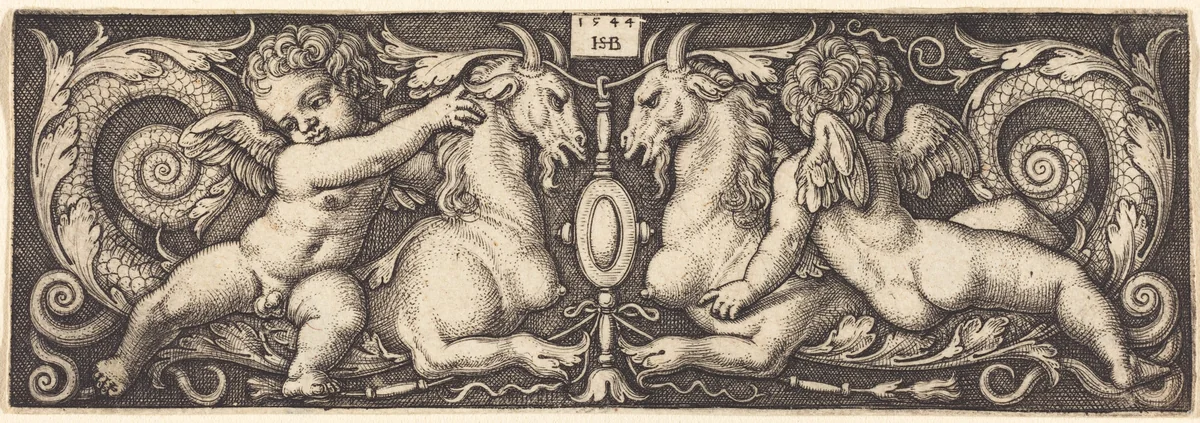 Ornament with Two Genii Riding on Two Chimeras by Sebald Beham, print, 1544