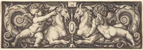 Ornament with Two Genii Riding on Two Chimeras by Sebald Beham, print, 1544