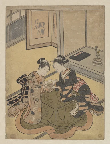 Young Women Playing Cat’s Cradle (Ayatori) by Suzuki Harunobu (鈴木春信), print, 1765-1766