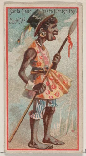 Caricatured figure / Santa Claus has to Furnish the Stockings, from the Jokes series (N87) for Duke brand cigarettes by W. Duke, Sons & Co., print, 1890
