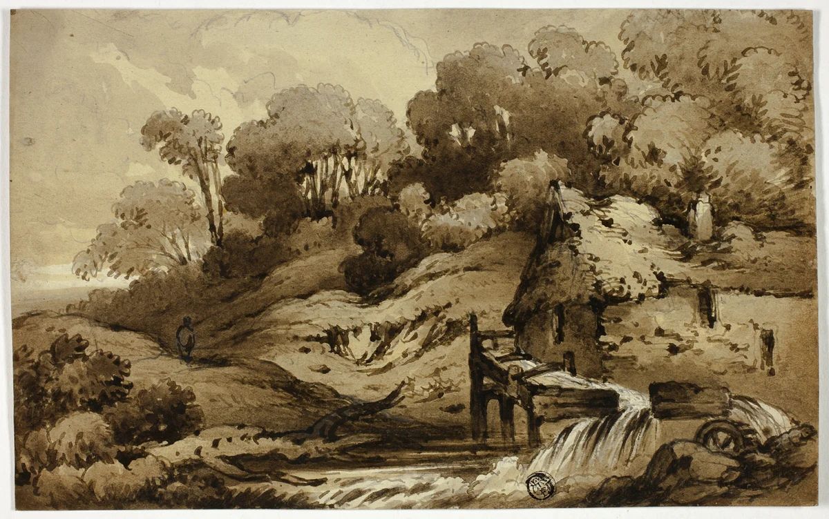 Wooded Landscape with Watermill beside Stream by John Varley, drawing, 1815-1836