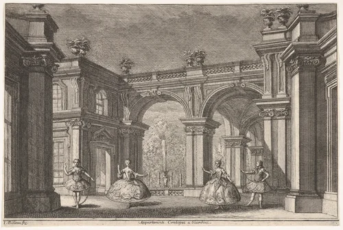 Two ladies and two gentlemen dancing within an ornate architectural setting, a fountain at center in the background, a scene from "Talestri, Regina delle Amazzoni" by Francesco Galli Bibiena, print, 1765