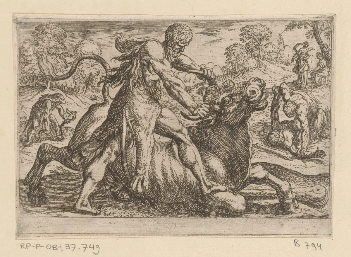 Hercules worstelt met Acheloüs by Antonio Tempesta, print, 1608