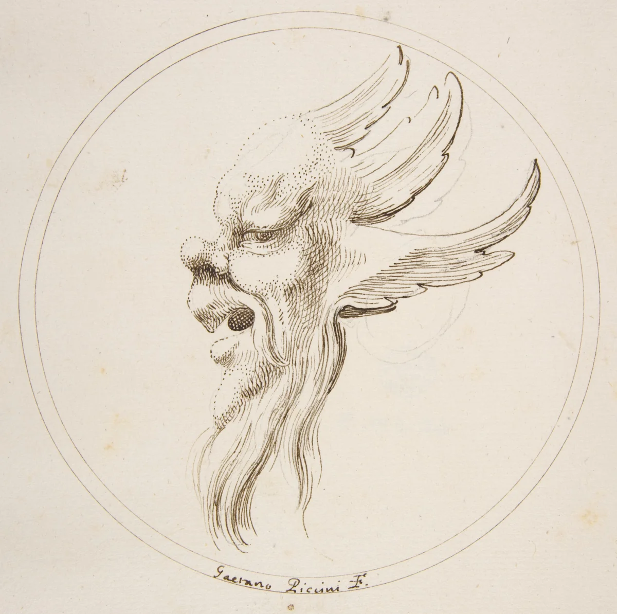 Grotesque Winged and Bearded Head Looking to the Left within a Circle by Gaetano Piccini, drawing, 1727