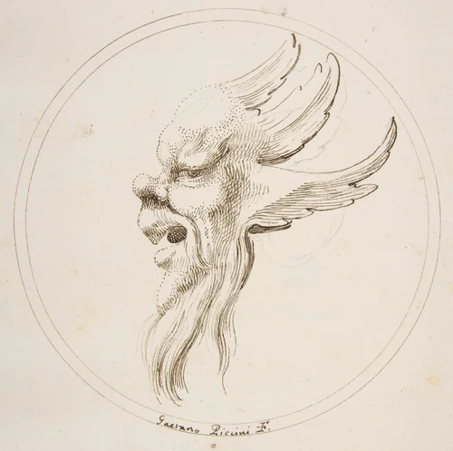 Grotesque Winged and Bearded Head Looking to the Left within a Circle by Gaetano Piccini, drawing, 1727