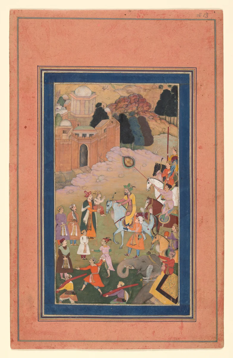 "The Emperor Humayun Returning from a Journey Greets his Son", Folio from a Manuscript of the Akbarnama. Folio from the Davis Album by Abu'l Fazl, manuscript, 1579-1629