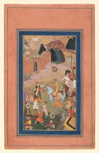 "The Emperor Humayun Returning from a Journey Greets his Son", Folio from a Manuscript of the Akbarnama. Folio from the Davis Album by Abu'l Fazl, manuscript, 1579-1629