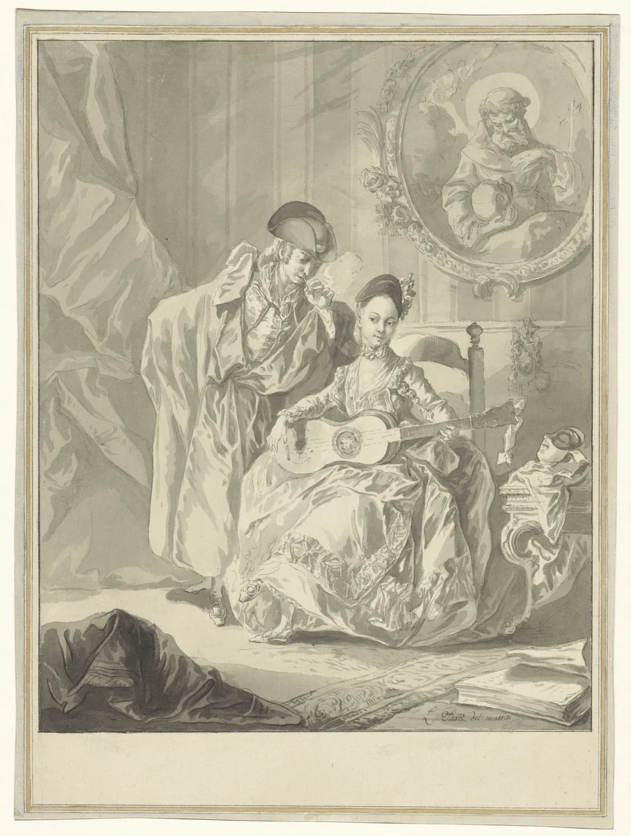 Zittende gitaarspeelster en staande rokende man in een interieur by Luis Paret y Alcázar, drawing, 1756-1799