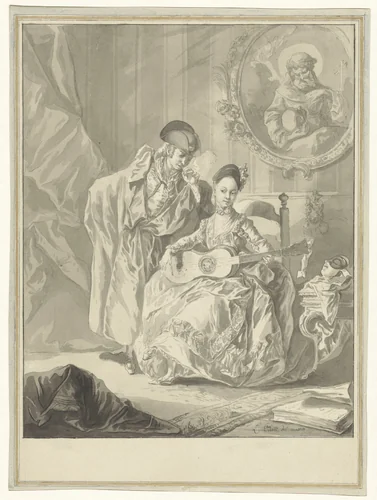 Zittende gitaarspeelster en staande rokende man in een interieur by Luis Paret y Alcázar, drawing, 1756-1799