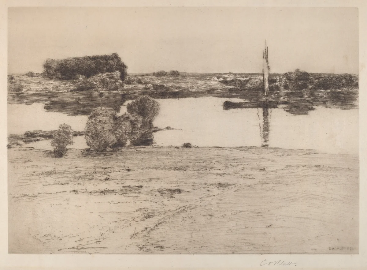Untitled (River Scene with Boat) by Charles A. Platt, print, 1891