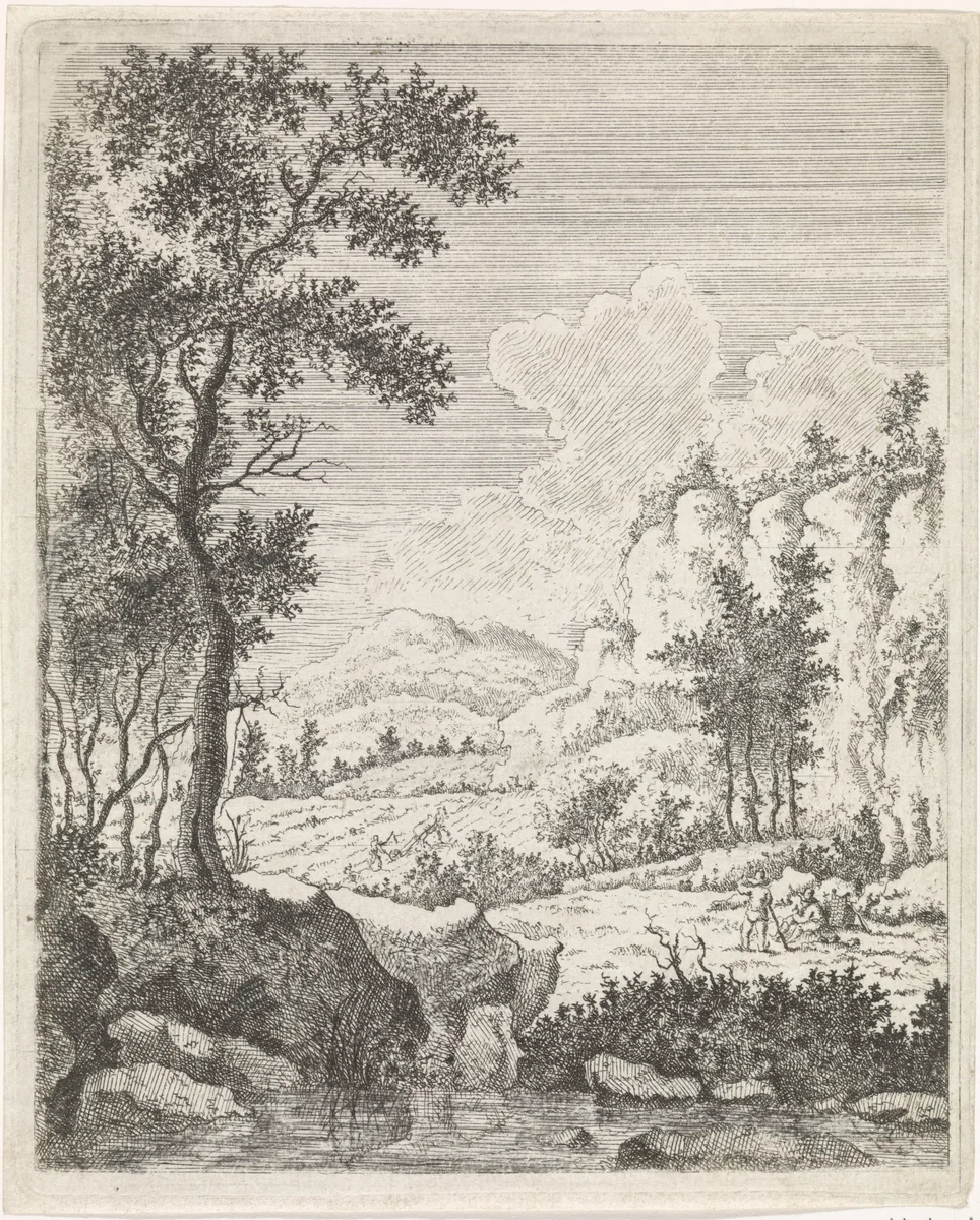 Berglandschap met twee rustende boeren bij een beek by Jacob Lutma, print, 1634-1654
