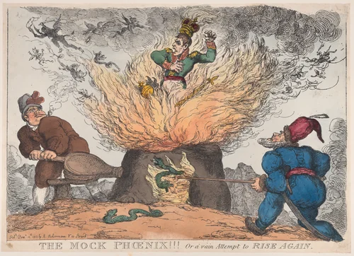 The Mock Phoenix!!! Or a Vain Attempt to Rise Again by Thomas Rowlandson, print, 1813