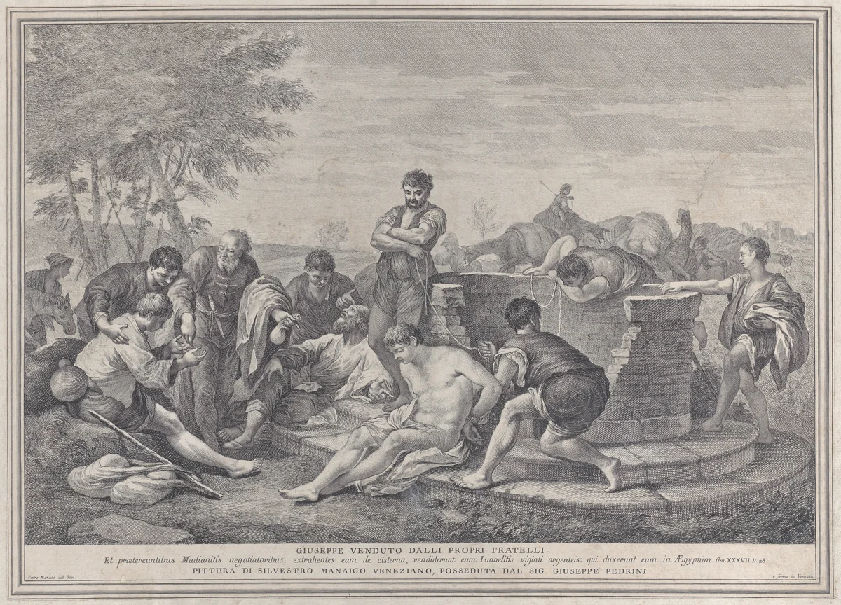 Joseph being sold into slavery by his brothers, who sit around a well dividing up the coins by Pietro Monaco, print, 1730-1739