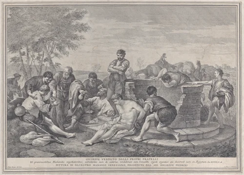 Joseph being sold into slavery by his brothers, who sit around a well dividing up the coins by Pietro Monaco, print, 1730-1739