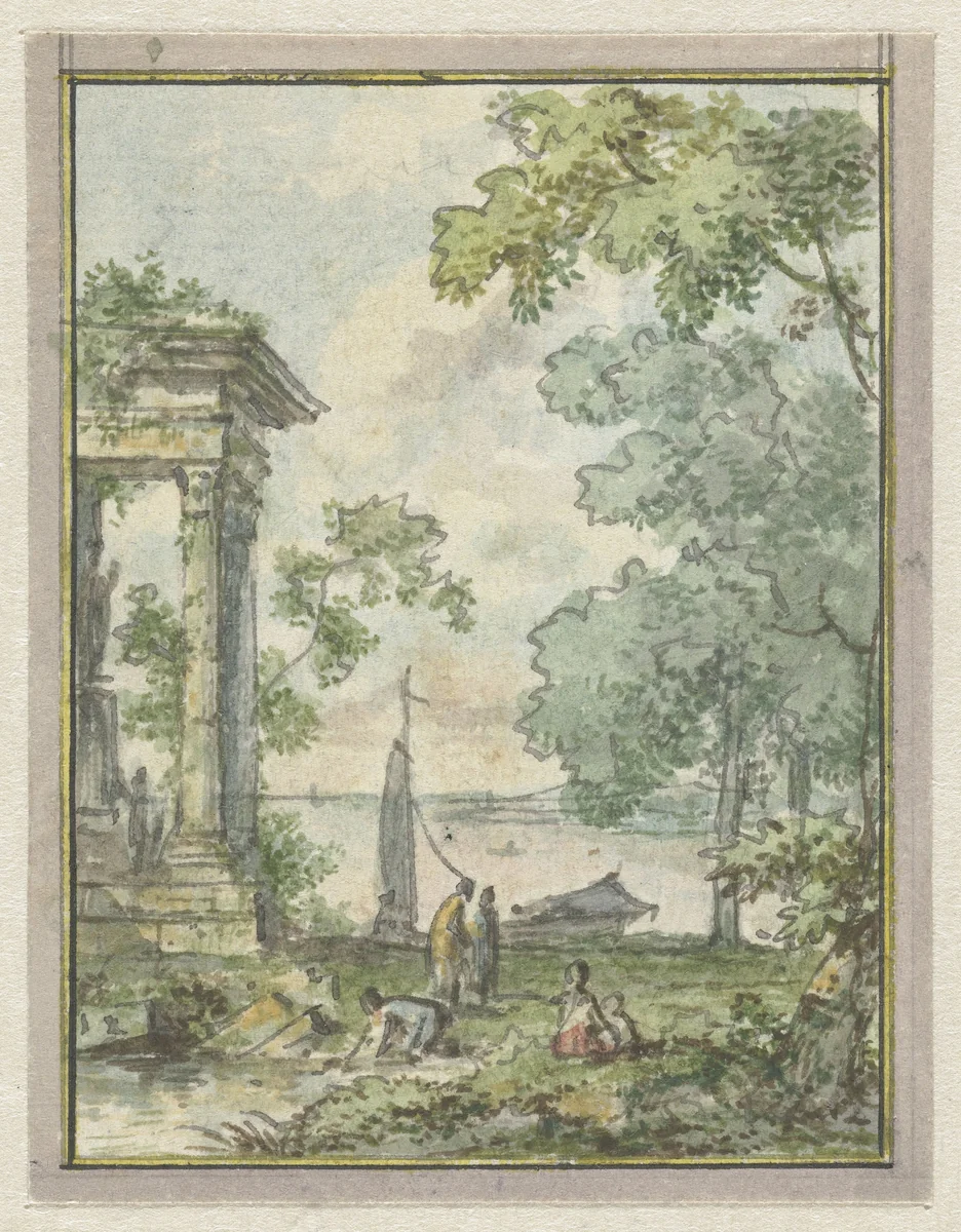 Landschap met tempelruïne by Jurriaan Andriessen, drawing, 1752-1819