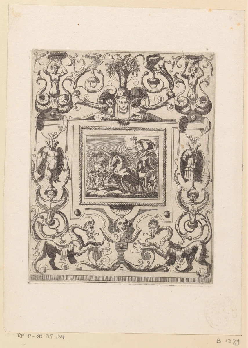 Grotesk ornament met Apollo op zijn zonnewagen in het midden by anonymous, print, 1624-1679
